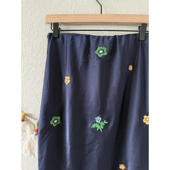 Emory Park Satin Silky Slip Midi Skirt Embroidered Ditsy Floral Navy Pull On M - Picture 5 of 8